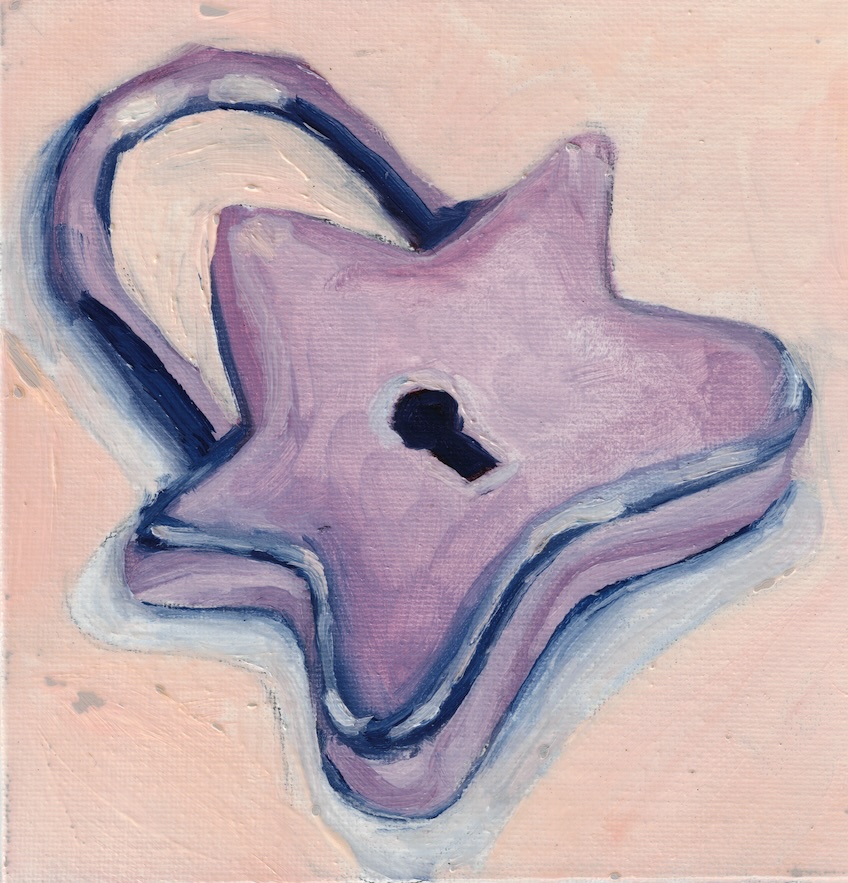 A painting of a star-shaped padlock in shades of pink and purple with a keyhole in the center, set against a light pink background.